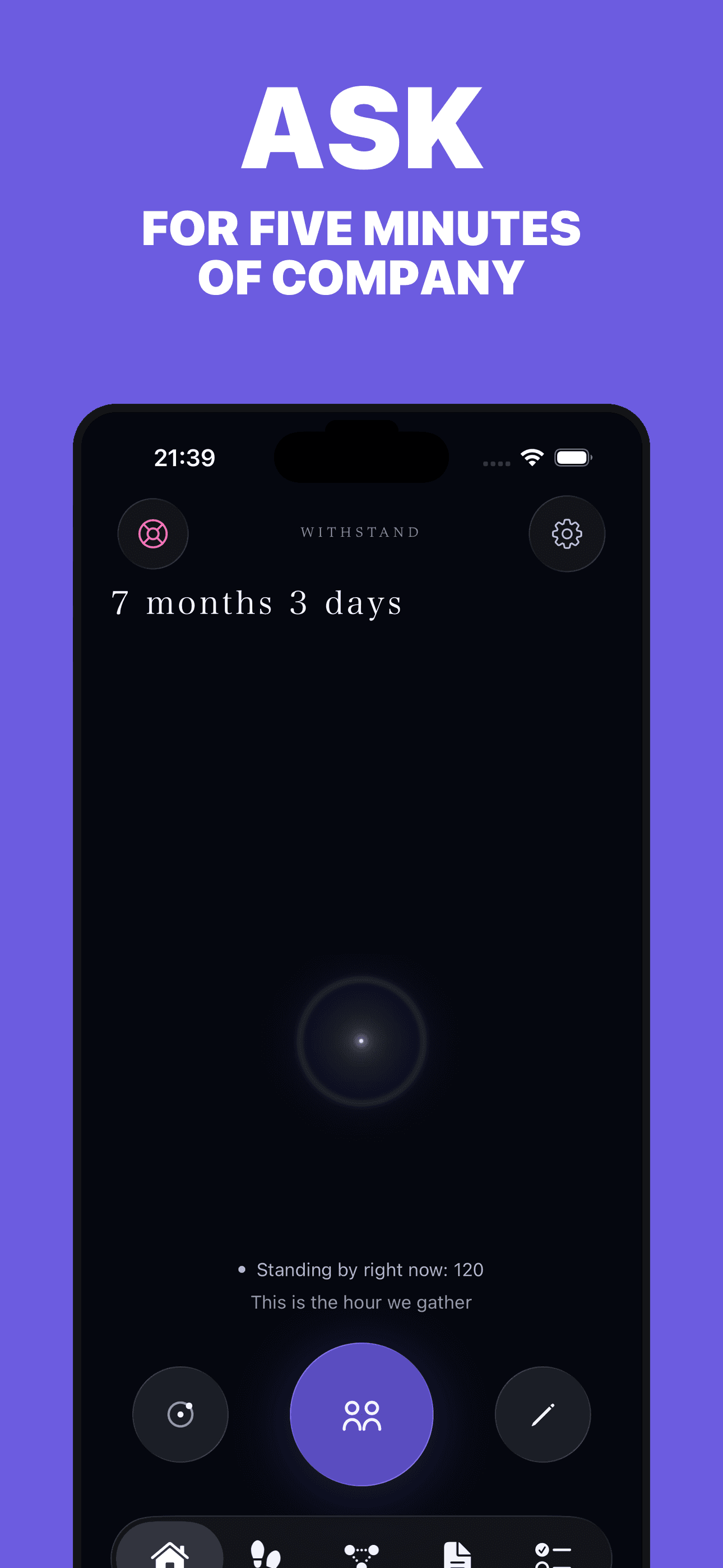 English WITHSTAND 1.1.0 App Store image showing the home screen and the Ask action.