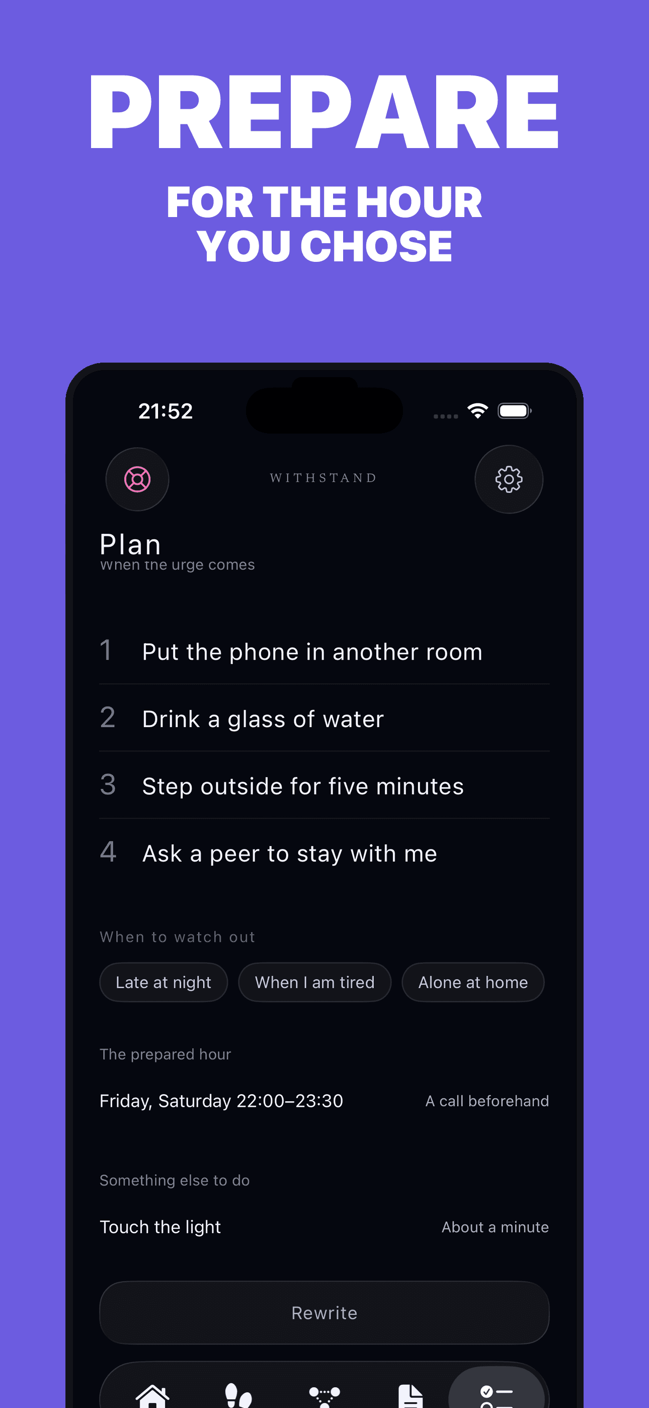 English WITHSTAND 1.1.0 App Store image showing a Plan and prepared hour.